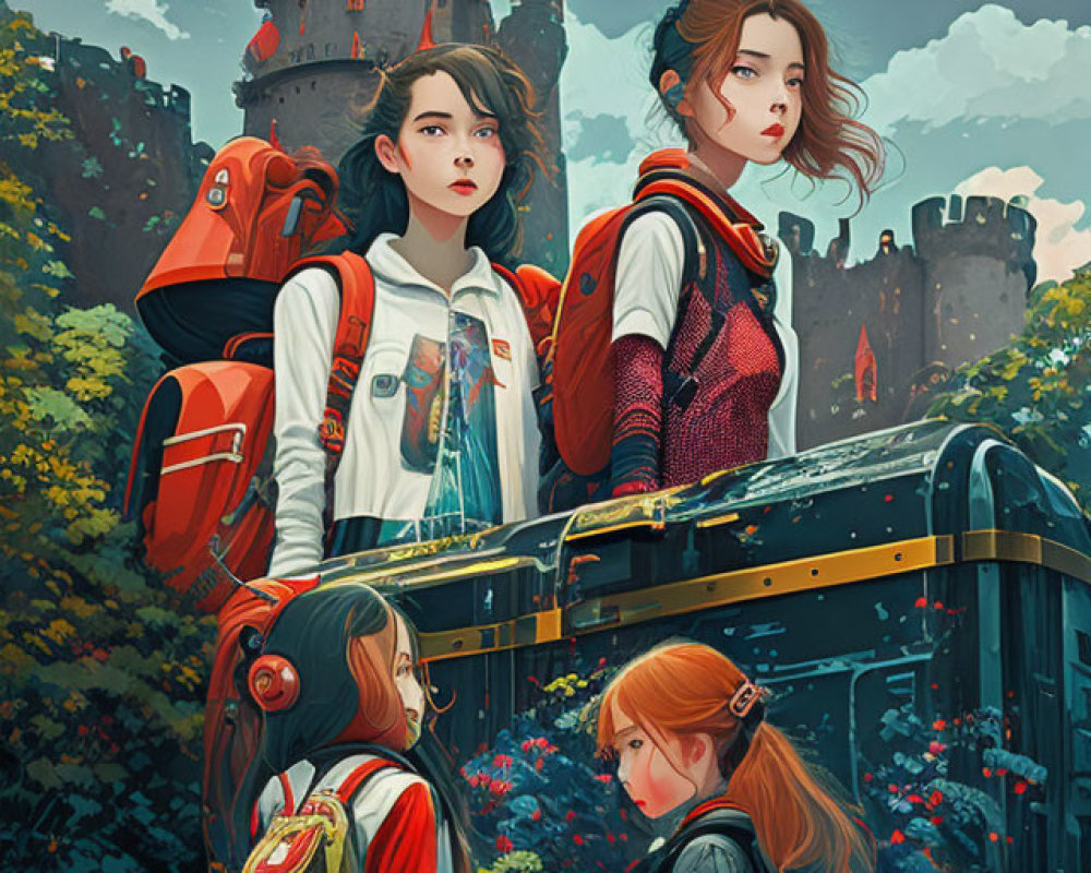 Three girls with backpacks at ornate gate with castle and gardens - sense of adventure