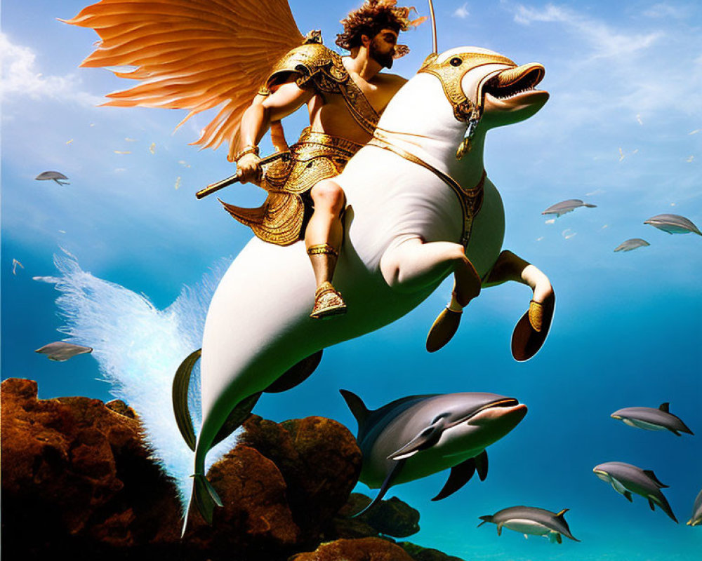 Fantastical underwater scene with warrior riding winged horse-like creature