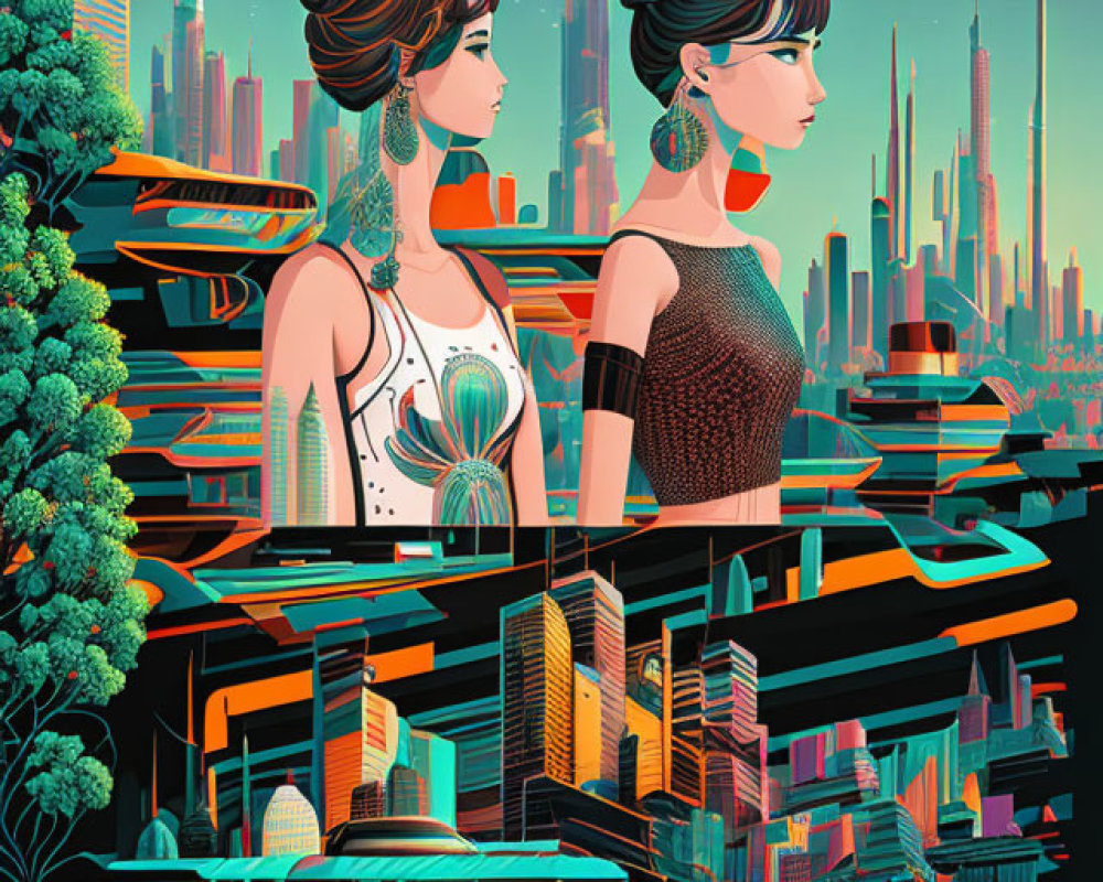 Stylized women with elaborate hairstyles in futuristic cityscape