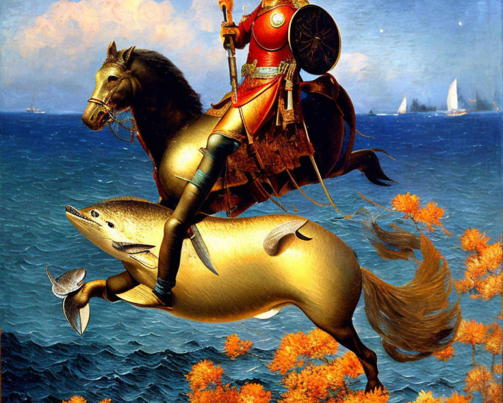 Roman warrior on seahorse with spear above ocean and ships.