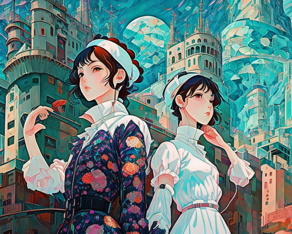 Two women in traditional attire with fantastical cityscape backdrop.