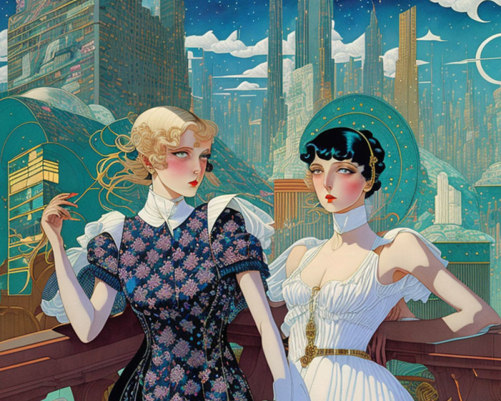 Stylized 1920s fashion women in vibrant art deco cityscape