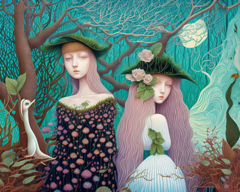 Whimsical female figures in floral hats in fantastical forest