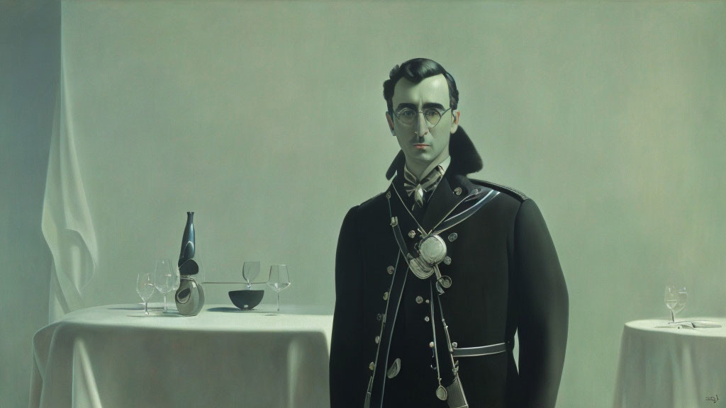 Portrait of solemn man in military uniform with wine glasses and bottle.