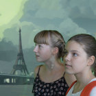 Illustrated Girls with Stylized Eiffel Tower in Greenish Background