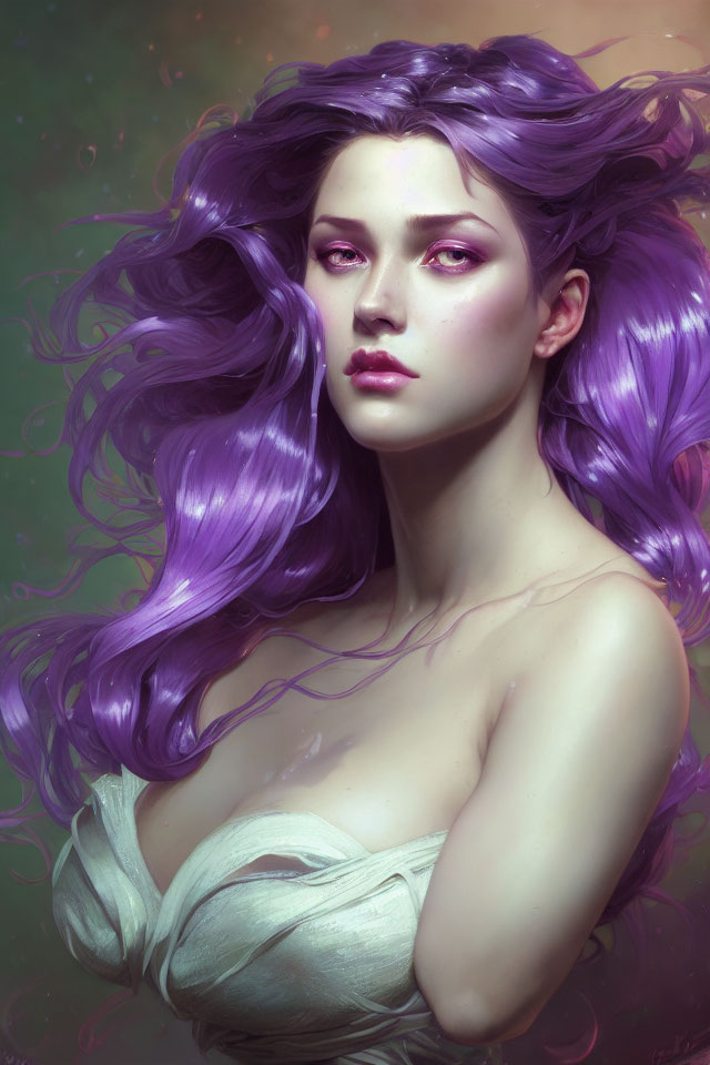 Portrait of Woman with Long Wavy Purple Hair and White Garment