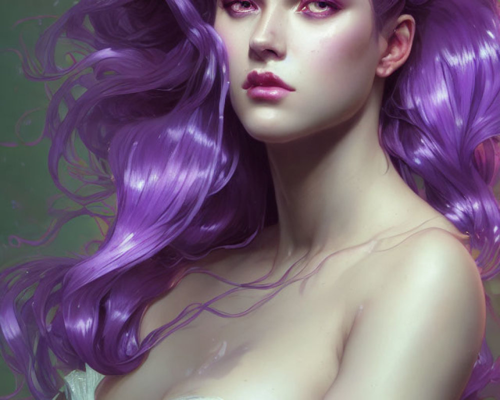 Portrait of Woman with Long Wavy Purple Hair and White Garment