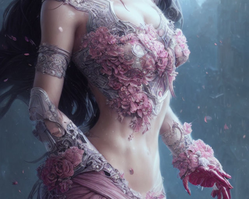 Illustrated female figure in pink floral armor with long black hair on misty gothic backdrop