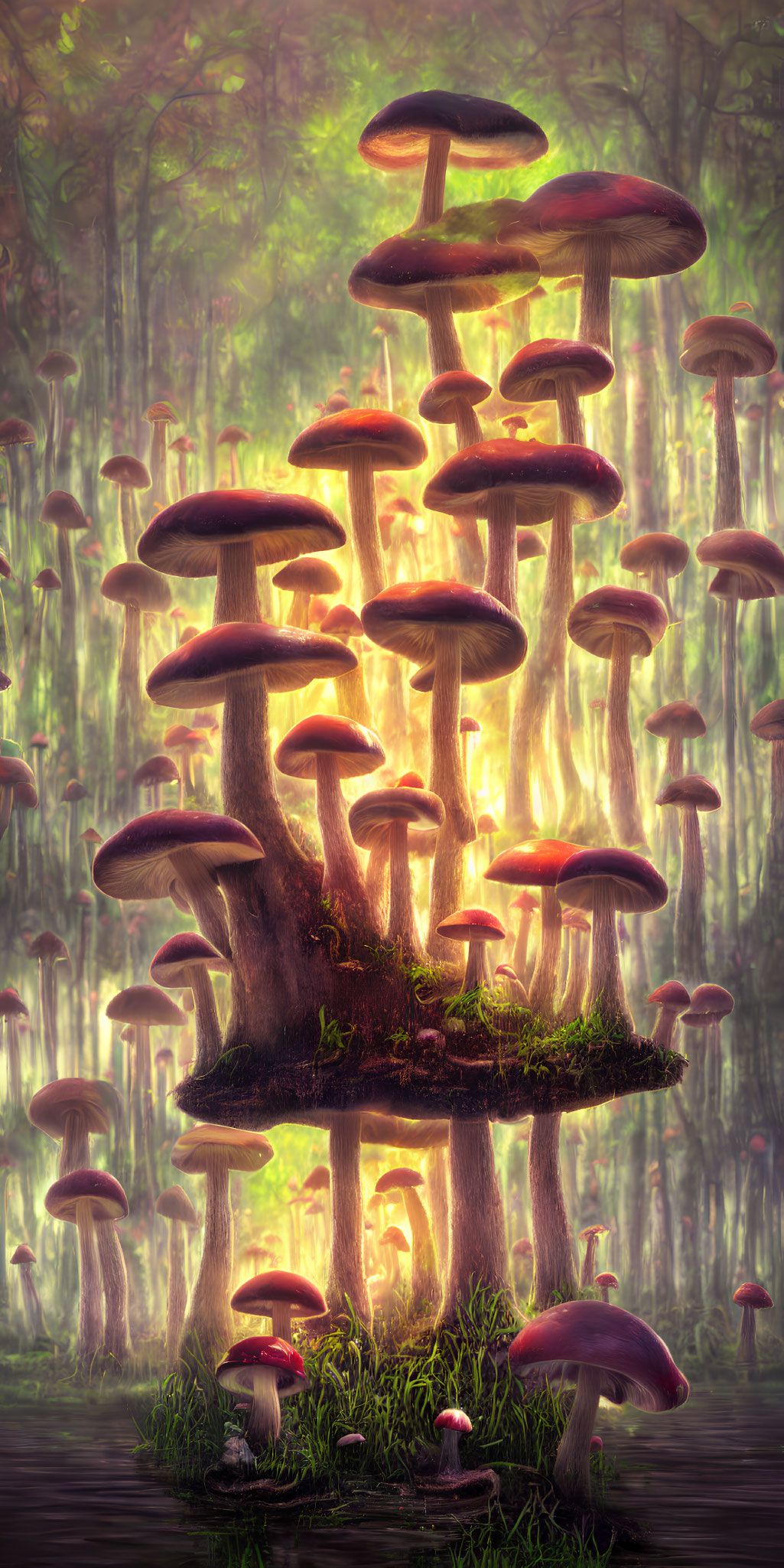 Enchanting forest scene with glowing mushrooms