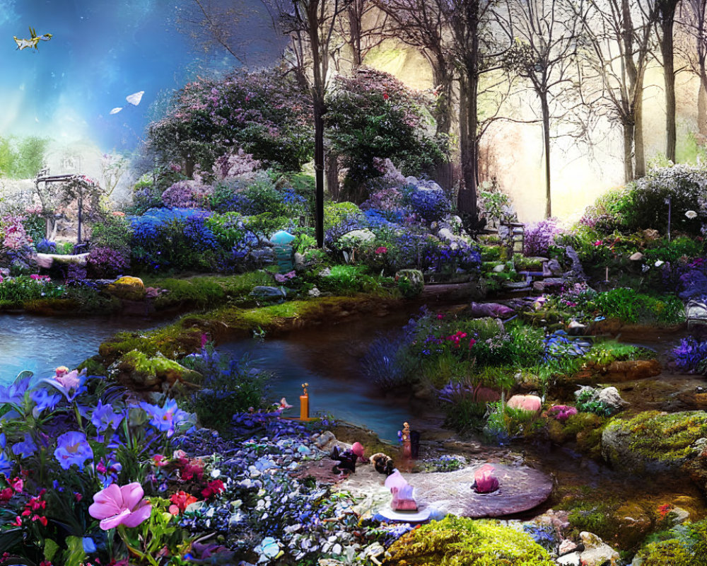 Vibrant flowers, serene stream, mystical lighting in enchanted garden scene