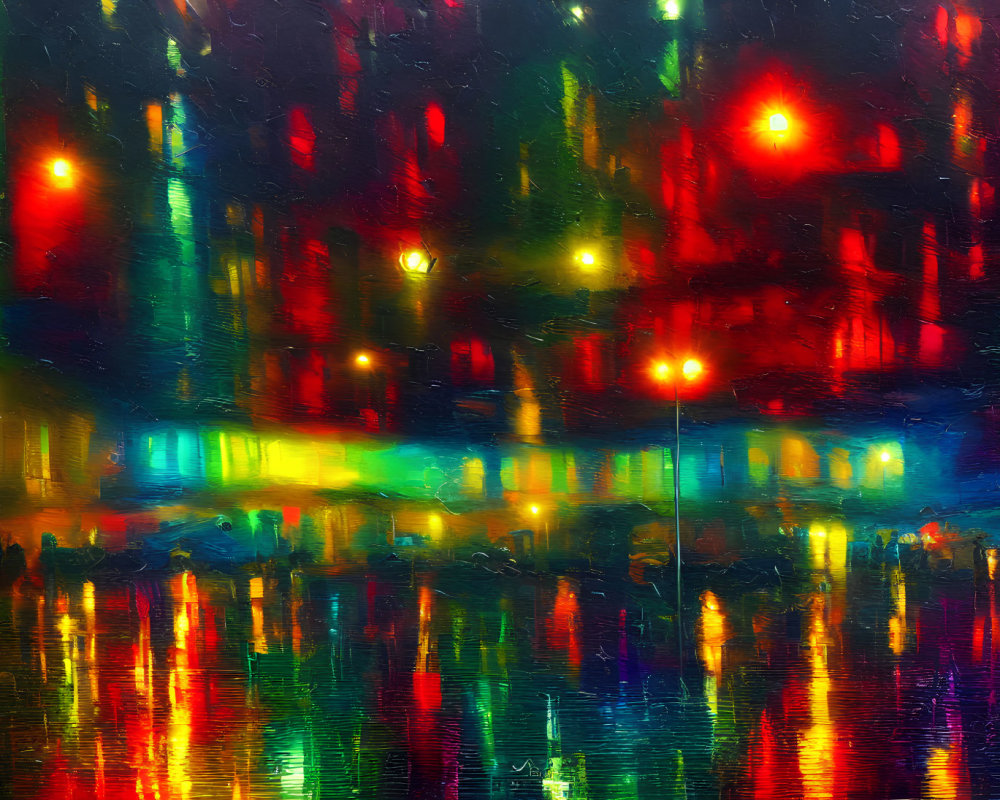 Colorful Abstract Cityscape Reflecting on Water at Night