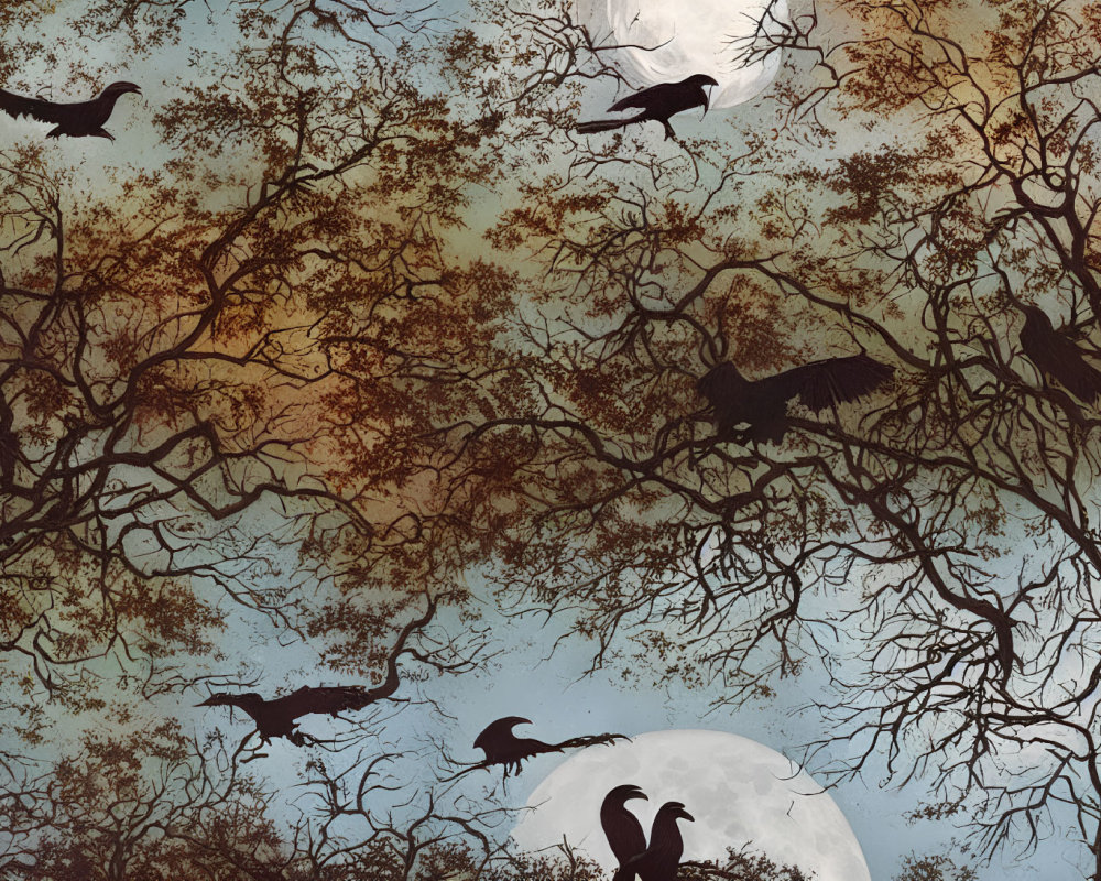 Silhouetted birds and trees under full moon in twilight sky