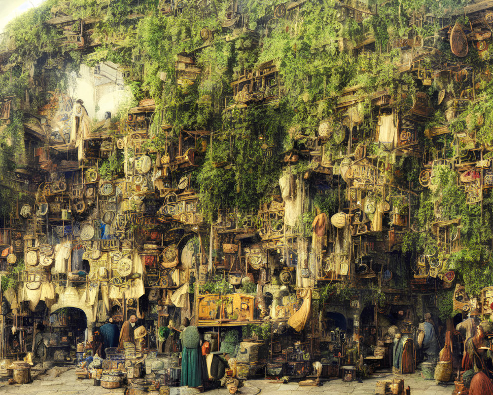 Detailed Old Market Street Covered in Green Vines with Hanging Pots, Baskets, and Tools