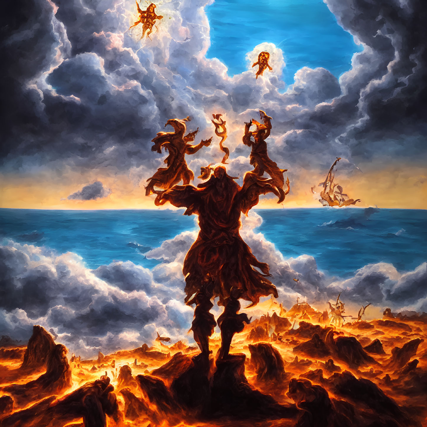 Fiery figure with multiple arms on molten landscape under dramatic sky