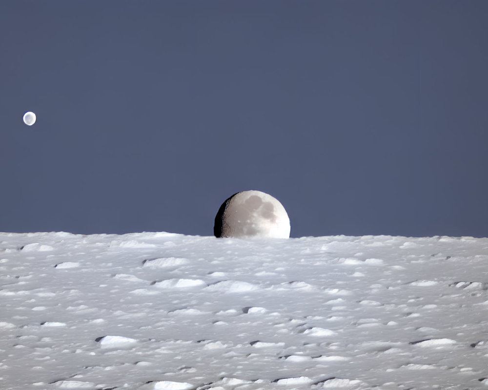 Moonrise over craggy, ice-covered landscape with smaller moon