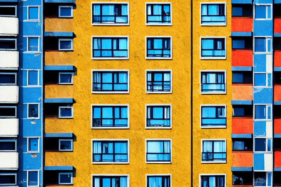 Vibrant facade: Blue windows on yellow, blue, and red-orange sections