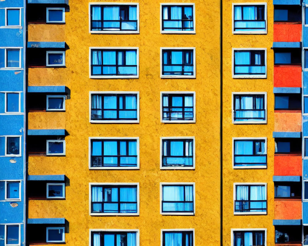 Vibrant facade: Blue windows on yellow, blue, and red-orange sections