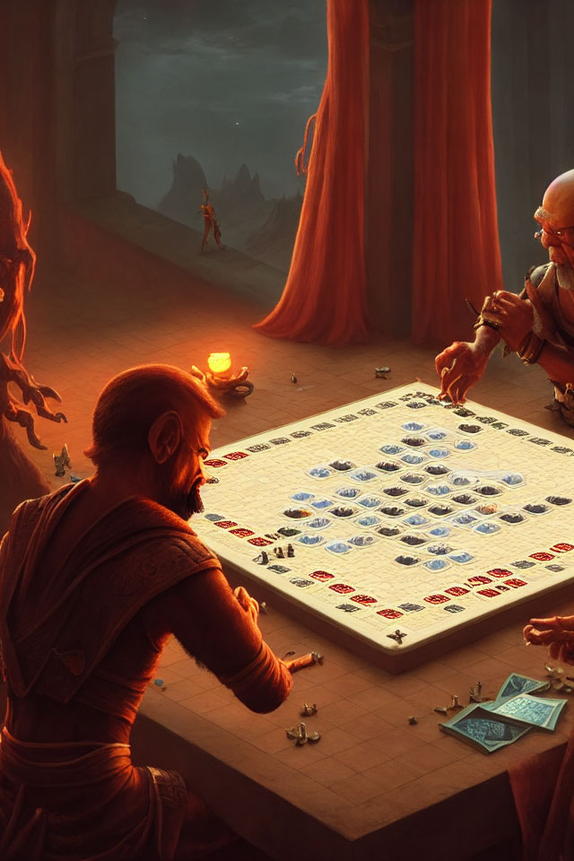 Fantasy characters playing board game in volcanic landscape