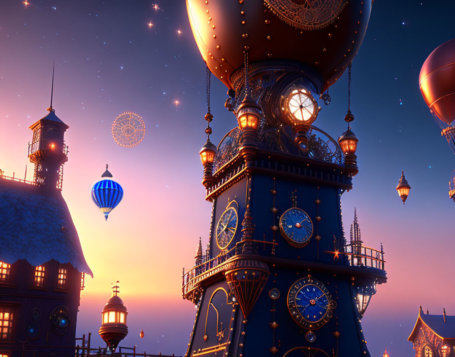 Ornate clock tower at dusk with purple sky, stars, lanterns, and hot air balloons