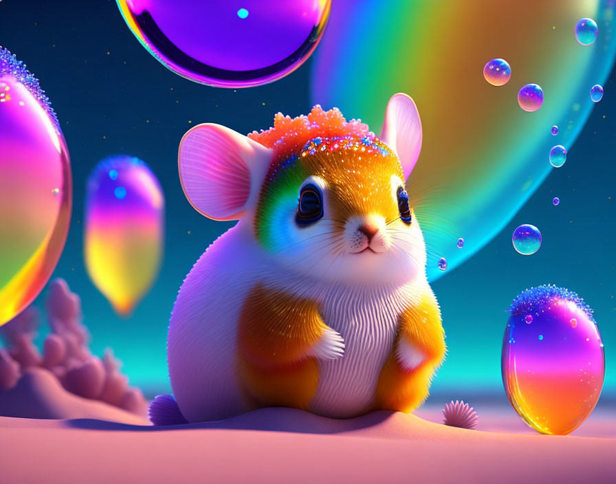 Colorful Stylized Hamster with Large Eyes in Neon-Lit Bubble Scene