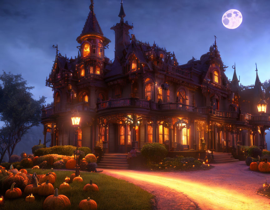 Victorian mansion with pumpkins under full moon