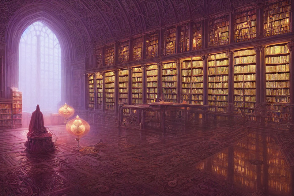 Person in cloak in grand, ornate library with tall bookshelves and glowing globes