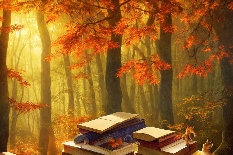 Enchanting forest scene with golden autumn leaves, sunbeams, and books