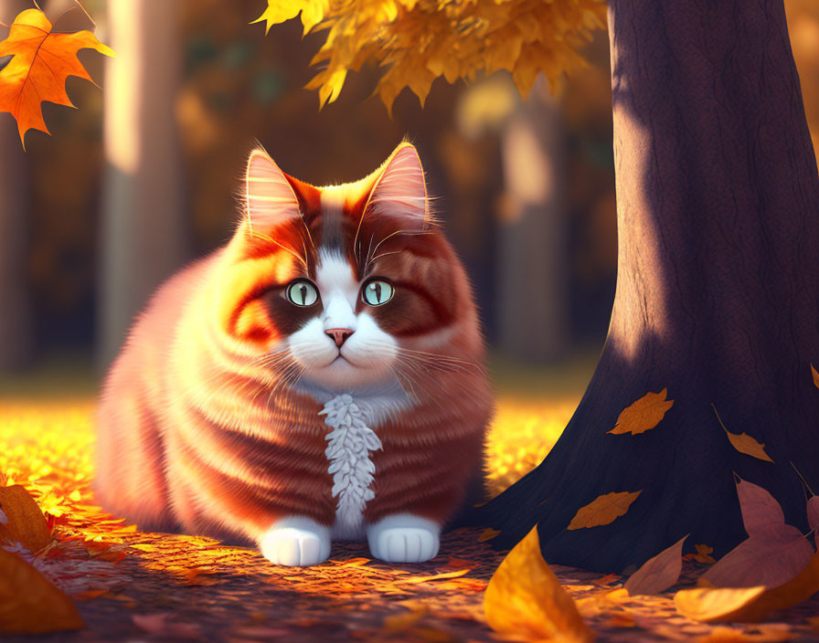 Chubby orange and white cat in autumn leaves with green eyes.