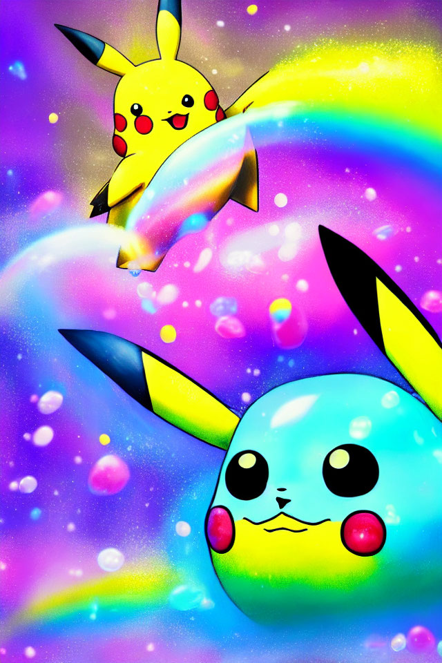 Colorful Pikachu Illustration with Cosmic Rainbow Background