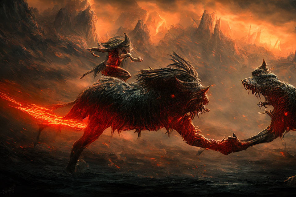 Fiery-maned wolf warrior in hellish landscape