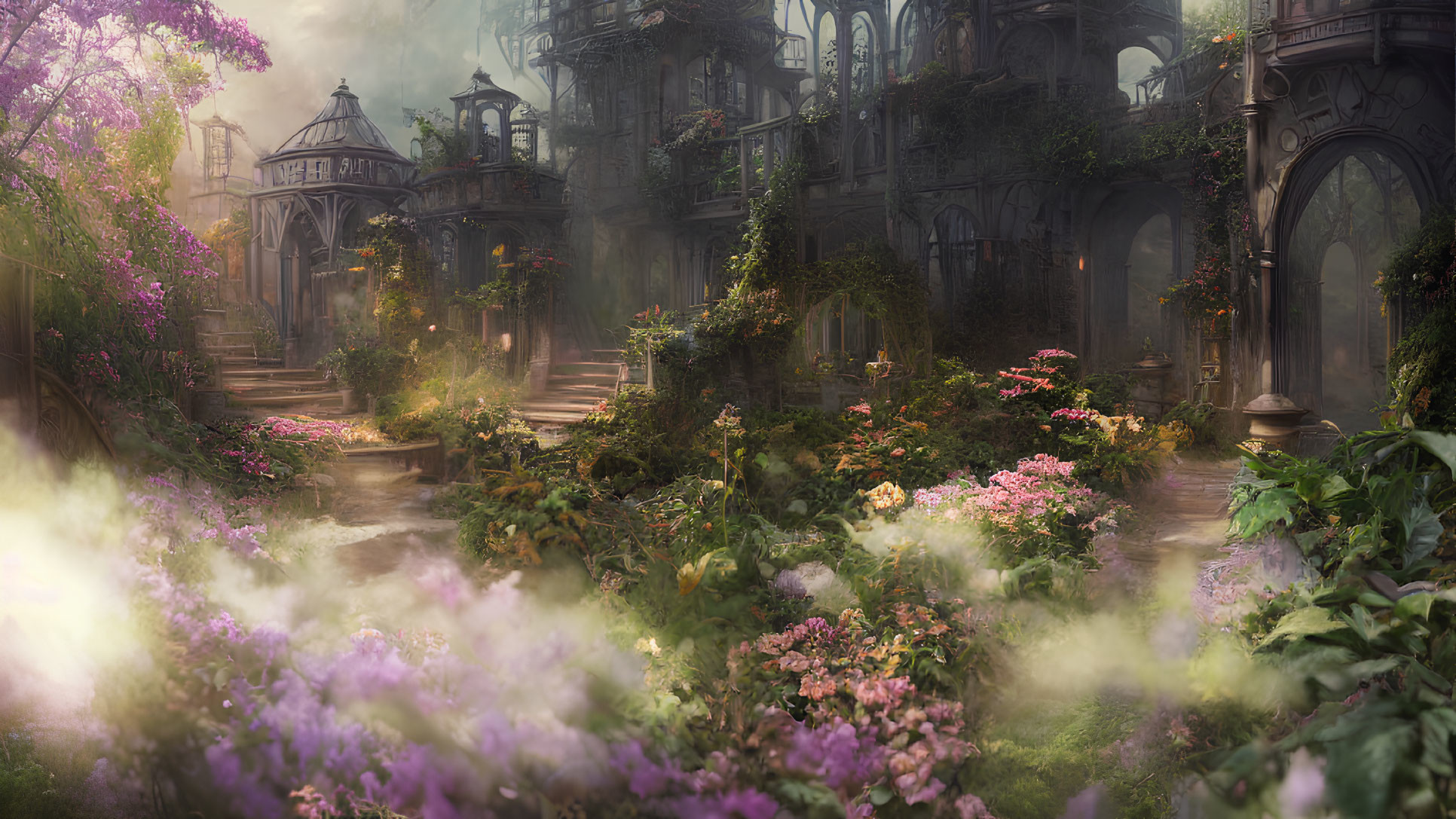 Colorful Flowers Surrounding Abandoned Ruins in Lush Garden