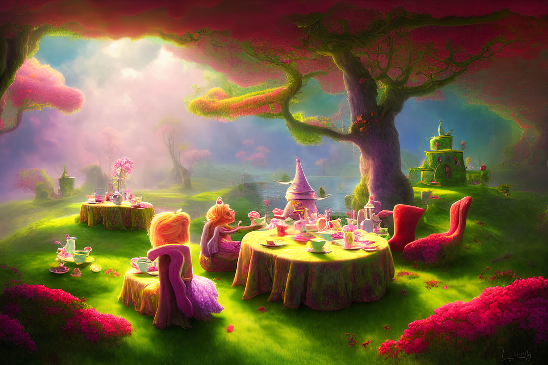 Colorful Fantasy Landscape with Tea Party Setup Under Pink Tree