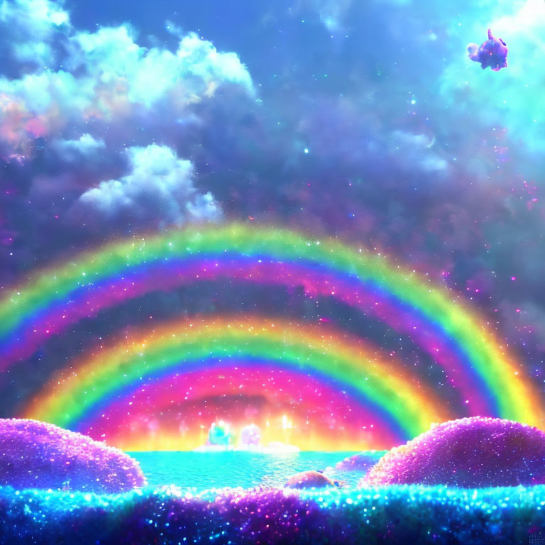 Double Rainbow Over Glittering Hills and Starry Sky with Floating Islands