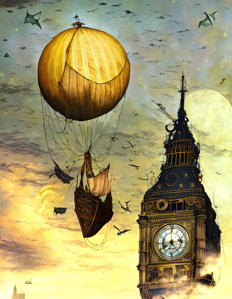 Vintage hot air balloon and ornate clock tower in fantastical scene with birds and glowing moon