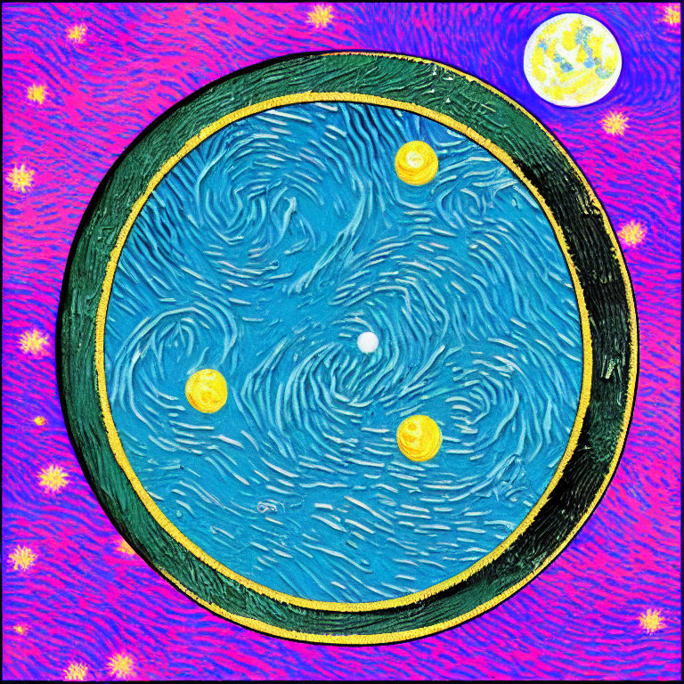 Circular Van Gogh-inspired image with blue swirls, yellow stars, and a crescent moon on