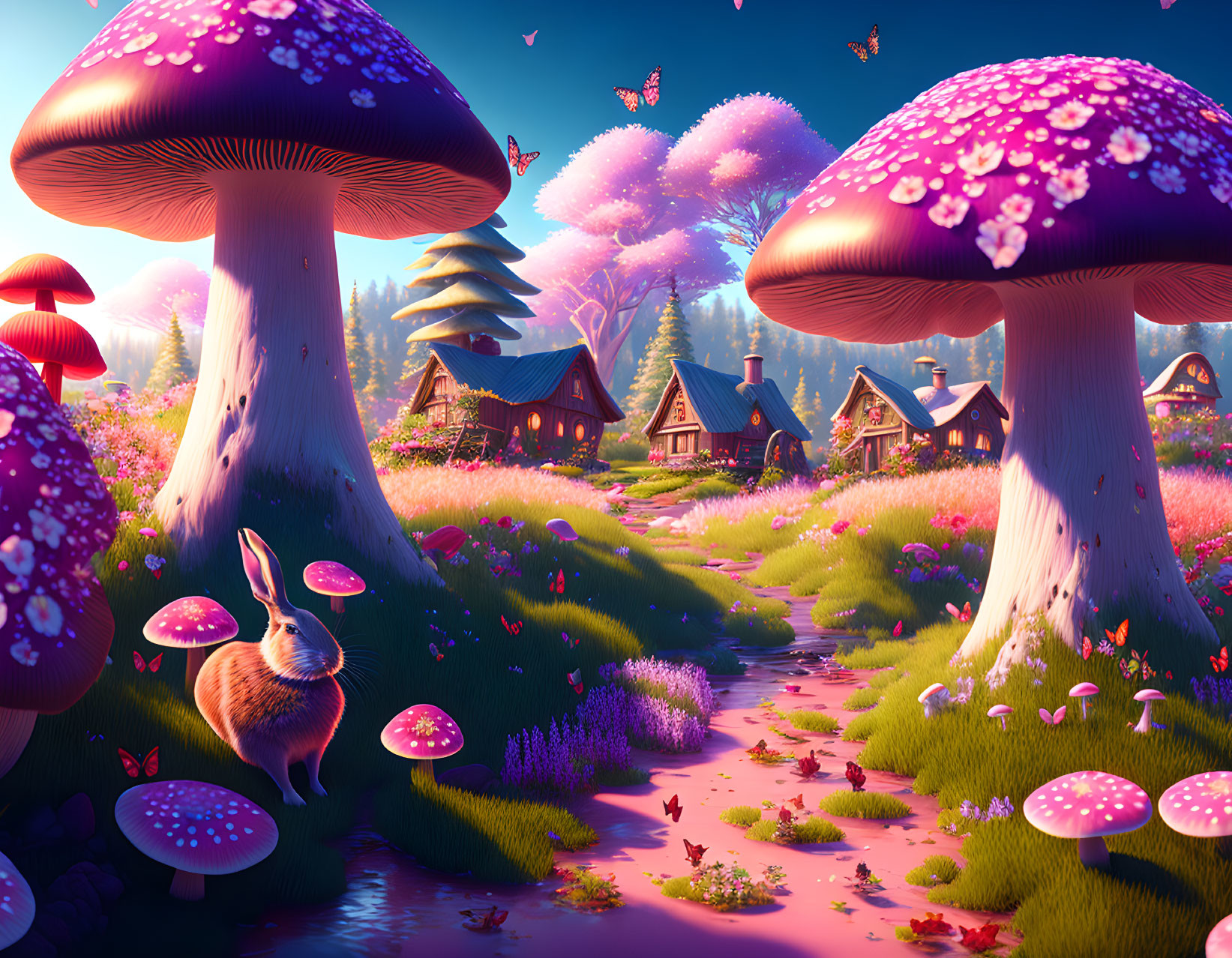 Fantasy landscape featuring giant mushrooms, whimsical cottages, rabbit, vibrant flora