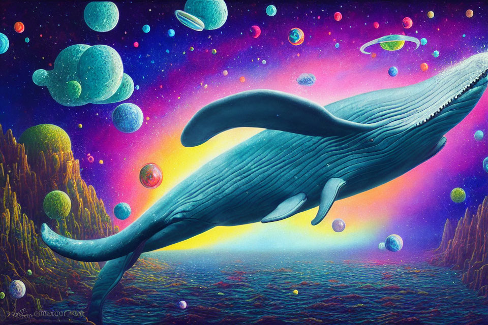 Surreal blue whale in cosmic ocean with planets and stars