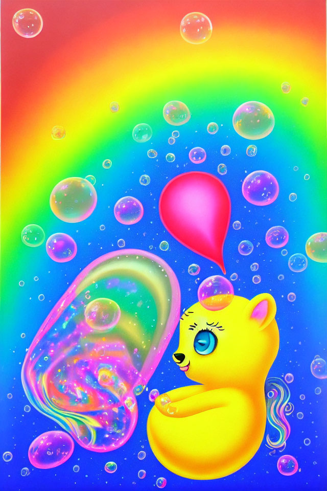 Colorful Illustration of Yellow Bear with Pink Balloon & Rainbow Background