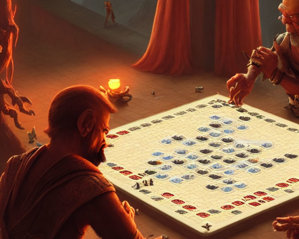 Fantasy characters playing board game in volcanic landscape