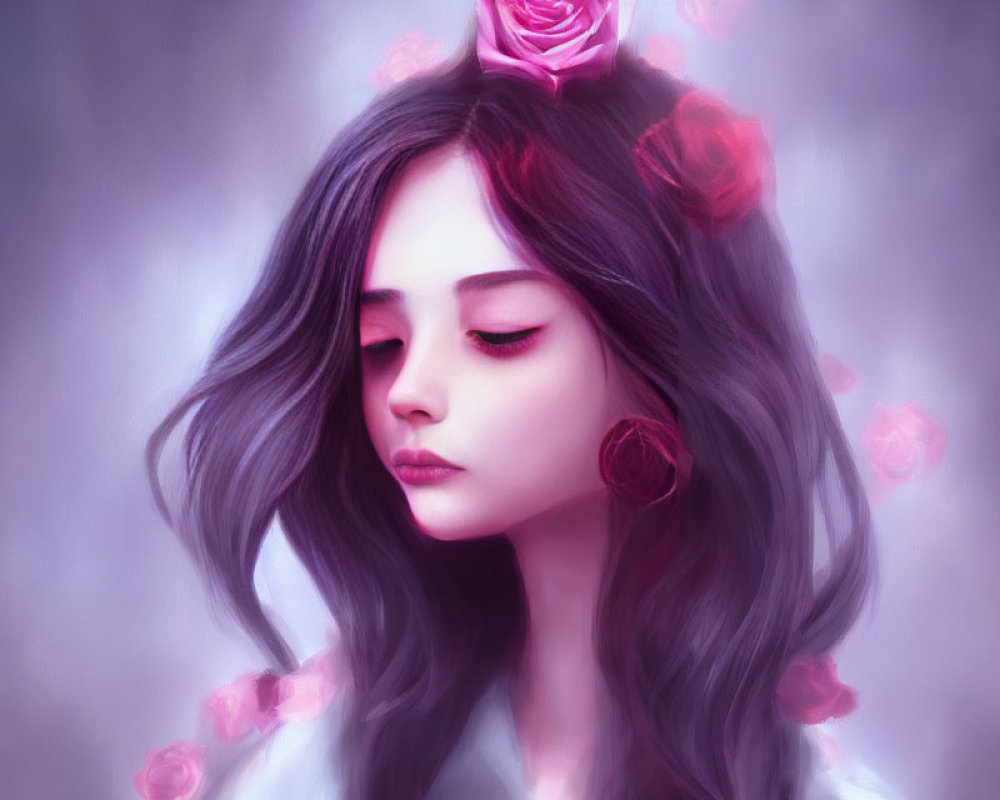 Digital art portrait of woman with flowing hair and roses in dreamy purple hues