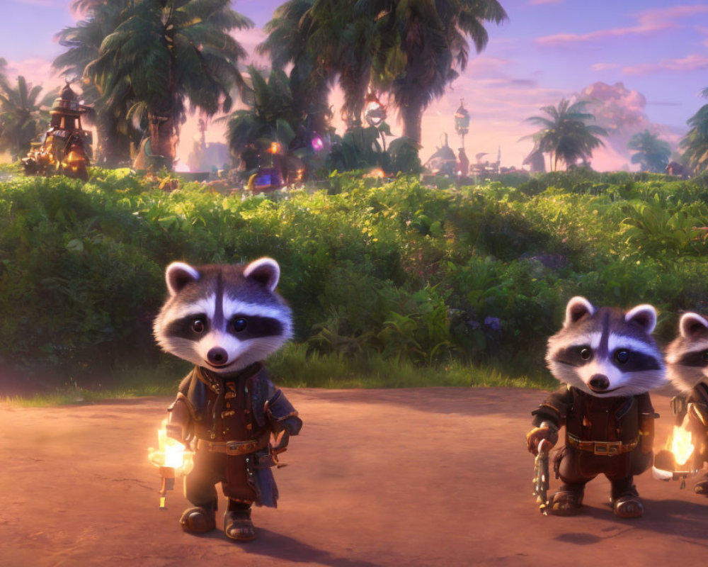 Animated raccoon characters in mystical forest with ruins at dusk