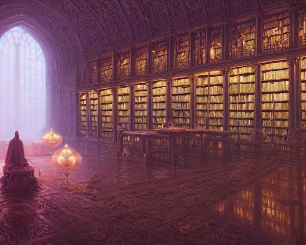 Person in cloak in grand, ornate library with tall bookshelves and glowing globes