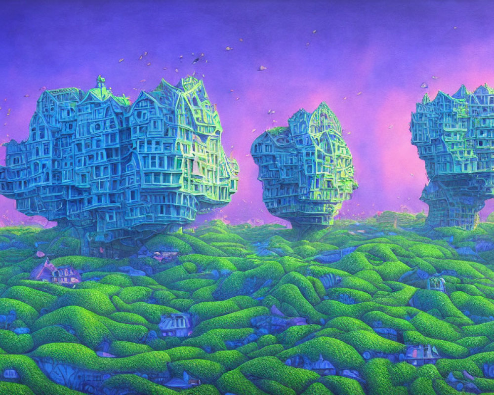 Surreal landscape: Floating islands, green houses, purple foliage, twilight sky