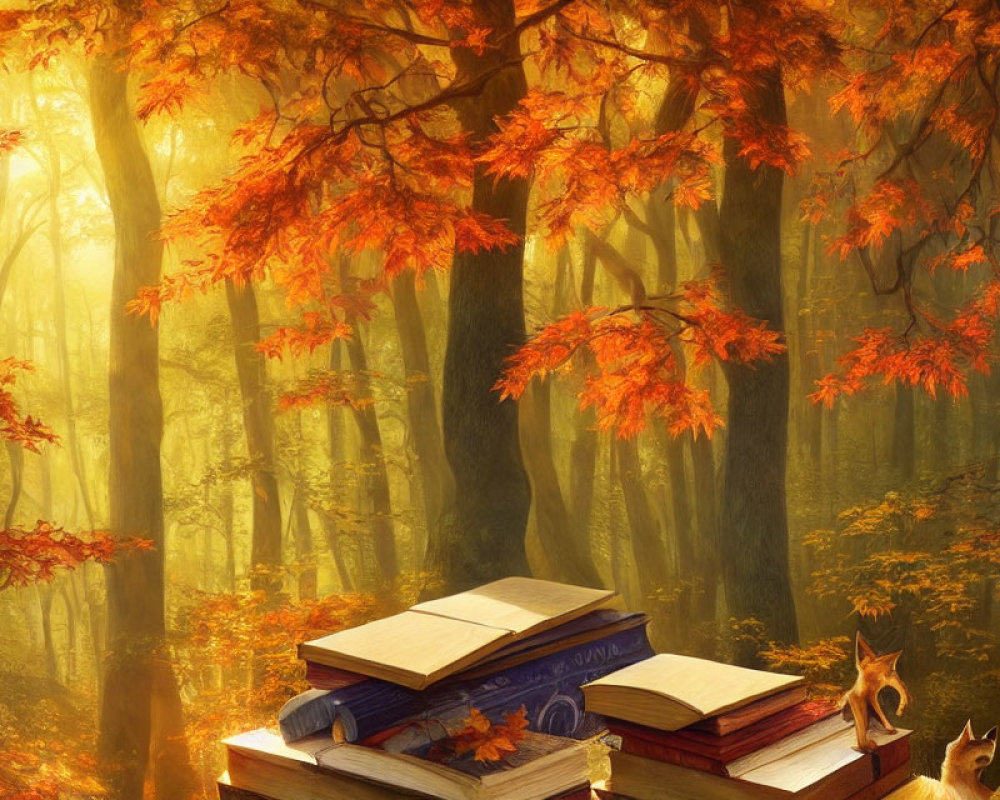 Enchanting forest scene with golden autumn leaves, sunbeams, and books