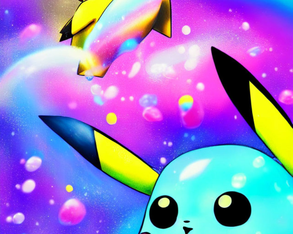 Colorful Pikachu Illustration with Cosmic Rainbow Background