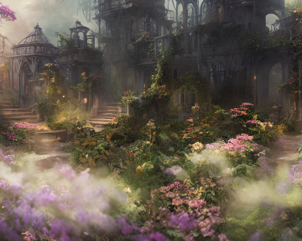 Colorful Flowers Surrounding Abandoned Ruins in Lush Garden