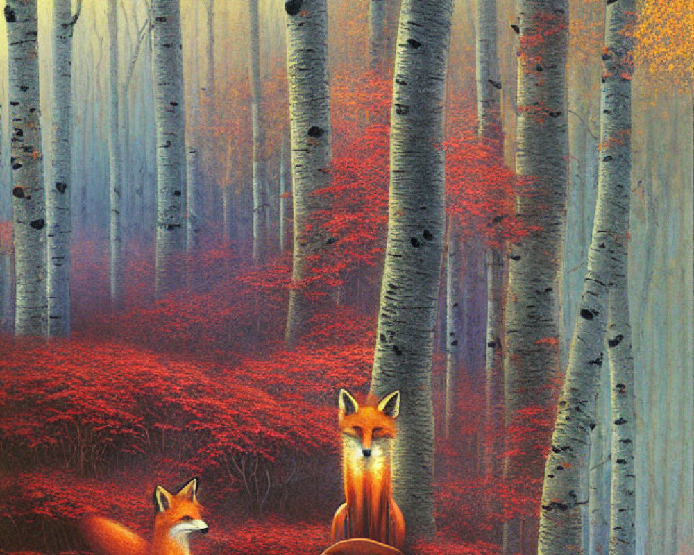 Autumn forest scene with two foxes and mystical ambiance