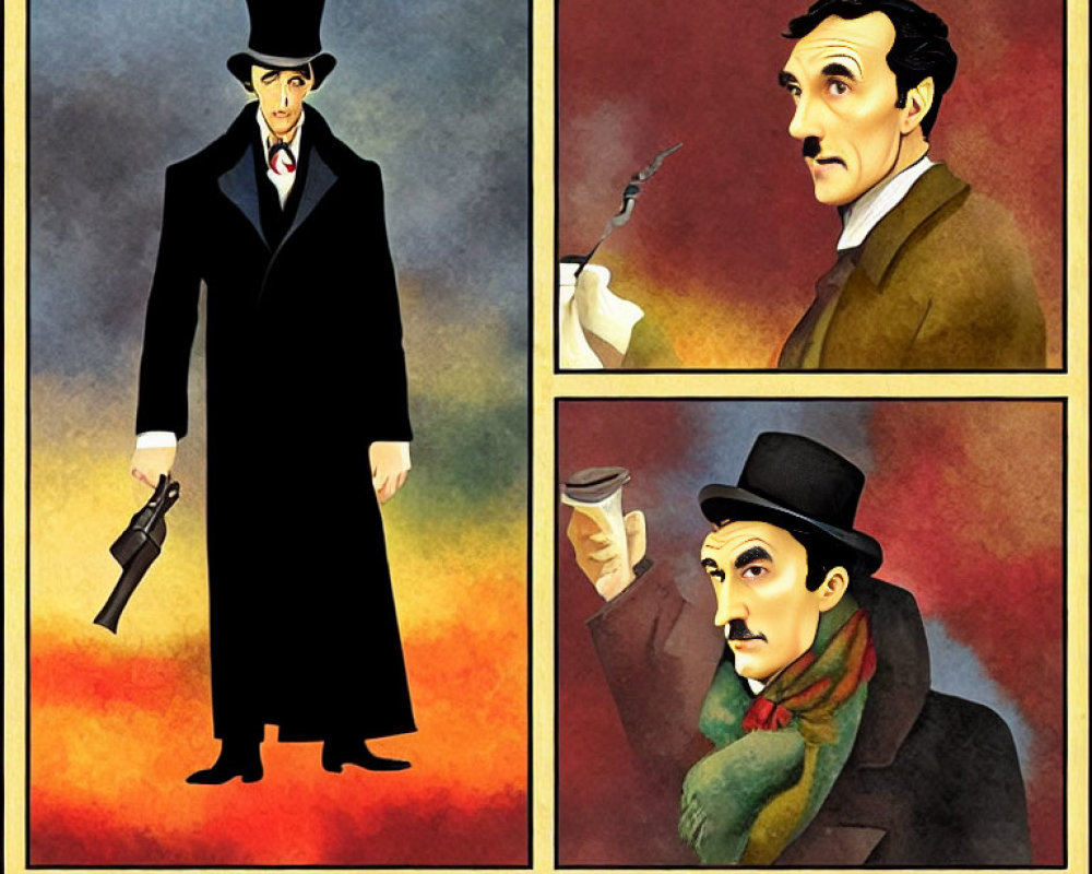 Stylized detective character illustrations in various poses with partial 'Holmes' text.