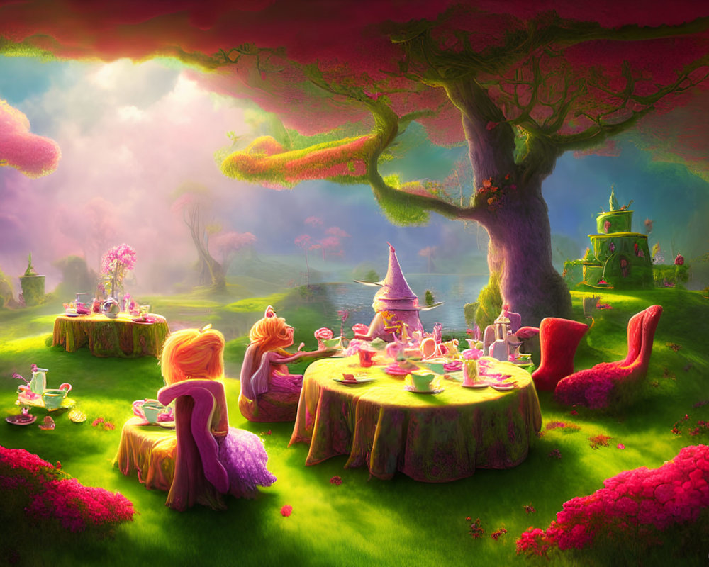 Colorful Fantasy Landscape with Tea Party Setup Under Pink Tree