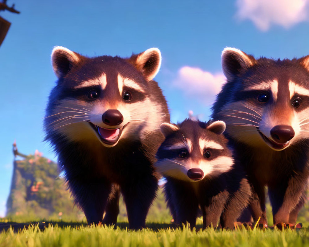 Three expressive raccoons in sunny outdoor setting